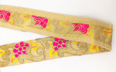 Beige Art Silk Fabric Trim with Floral Embroidery in Yellow, Gold and Fuchsia, Flower Embroidered Trim